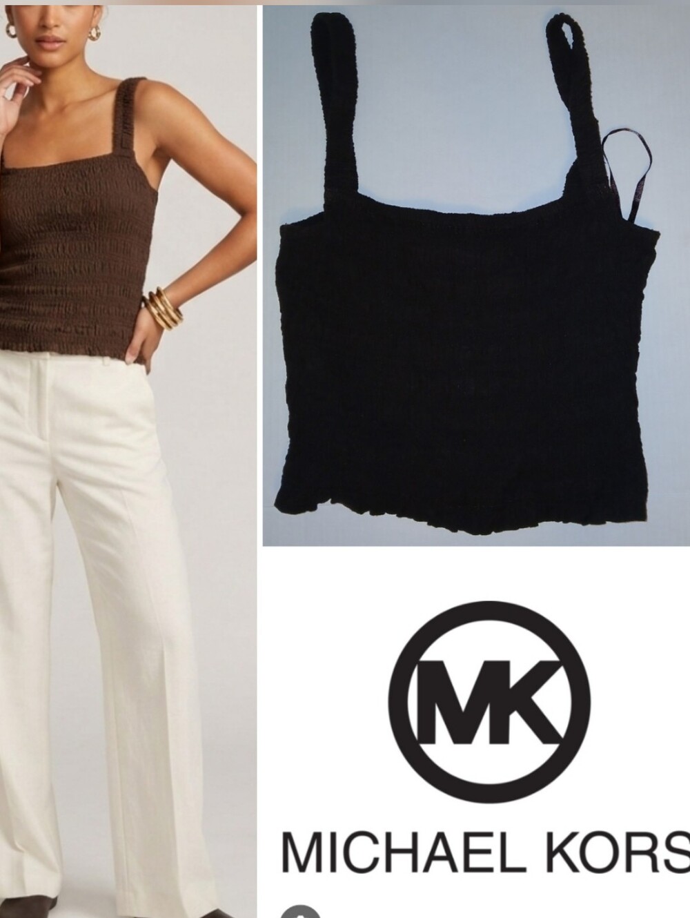 Michael Kors Linen Blend Smocked Cami, Chocolate Brown/. Summer 26 piece